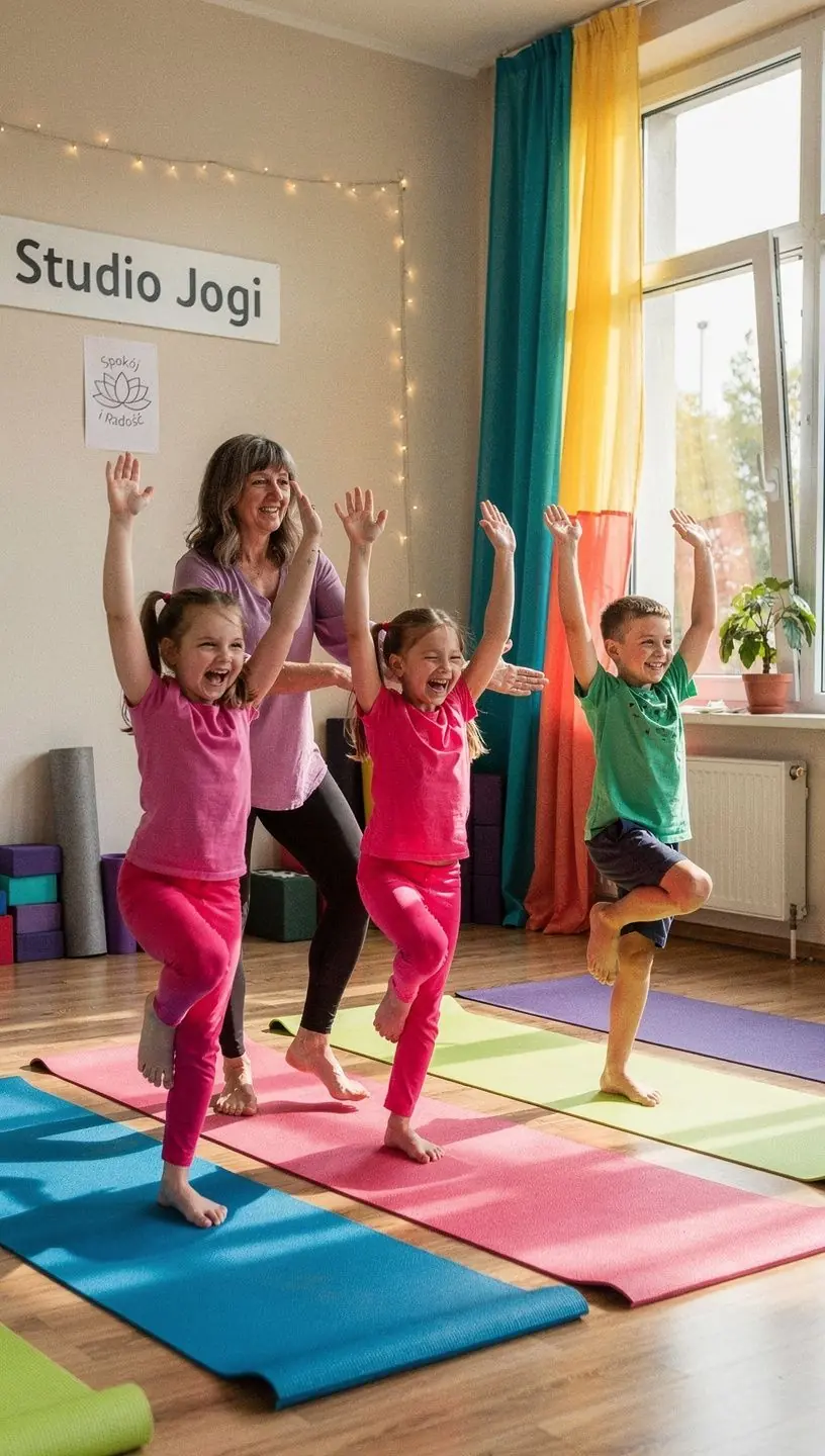 Dzieci wykonujące zabawne pozycje jogi na macie w kolorowym studiu.