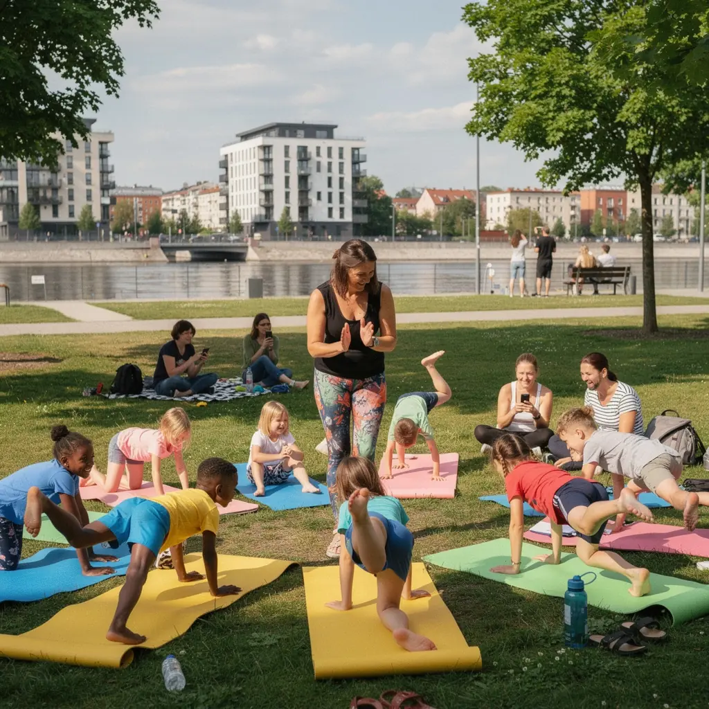 Grupa dzieci bawiących się podczas zajęć jogi, skaczących i śmiejących się na tle przyjaznej sali.