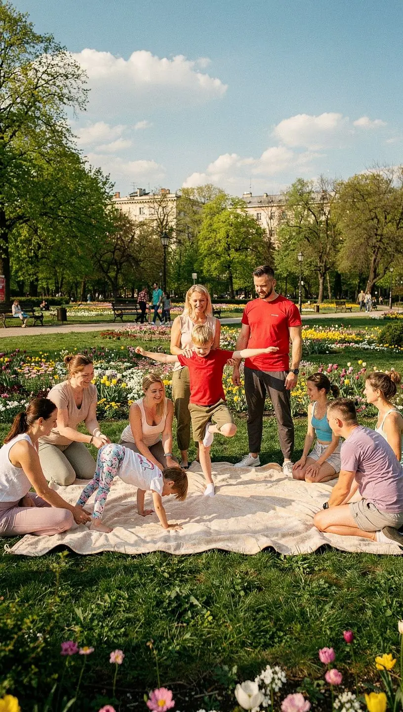 Grupa dzieci bawiących się podczas zajęć jogi, skaczących i śmiejących się na tle przyjaznej sali.
