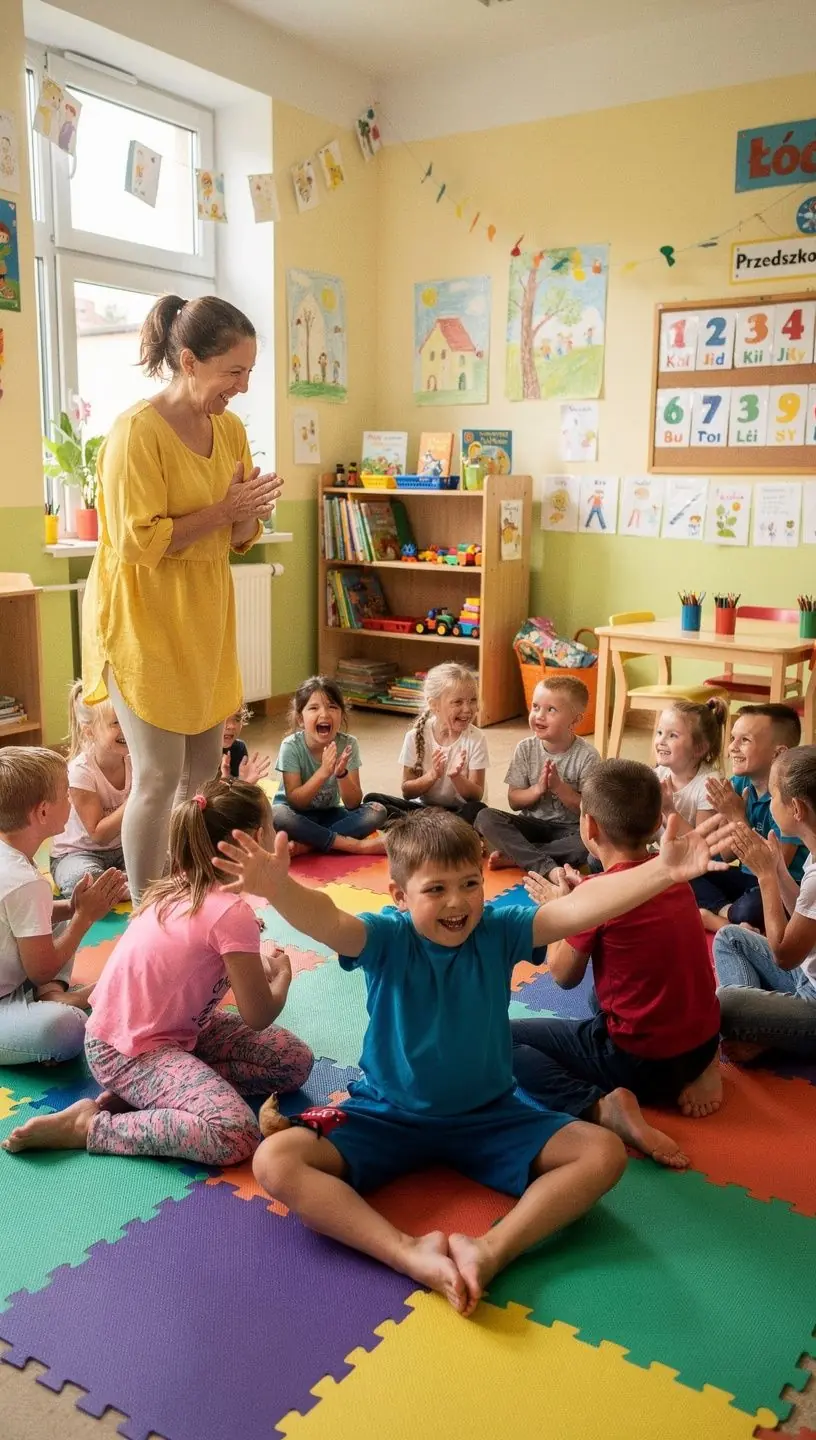 Grupa dzieci bawiących się podczas zajęć jogi, skaczących i śmiejących się na tle przyjaznej sali.
