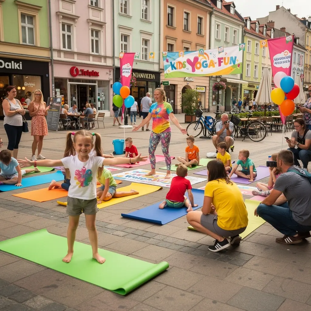 Grupa dzieci bawiących się podczas zajęć jogi, skaczących i śmiejących się na tle przyjaznej sali.