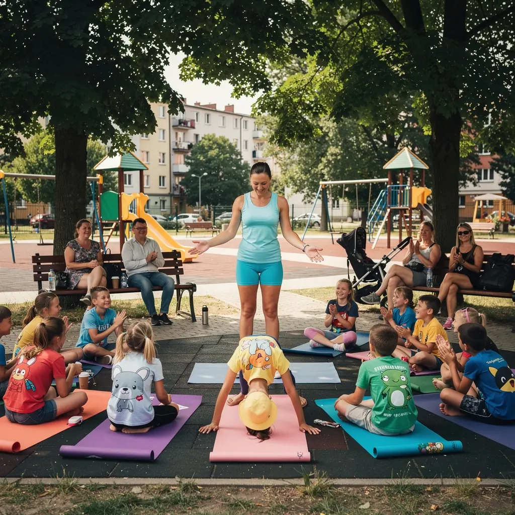 Grupa dzieci bawiących się podczas zajęć jogi, skaczących i śmiejących się na tle przyjaznej sali.