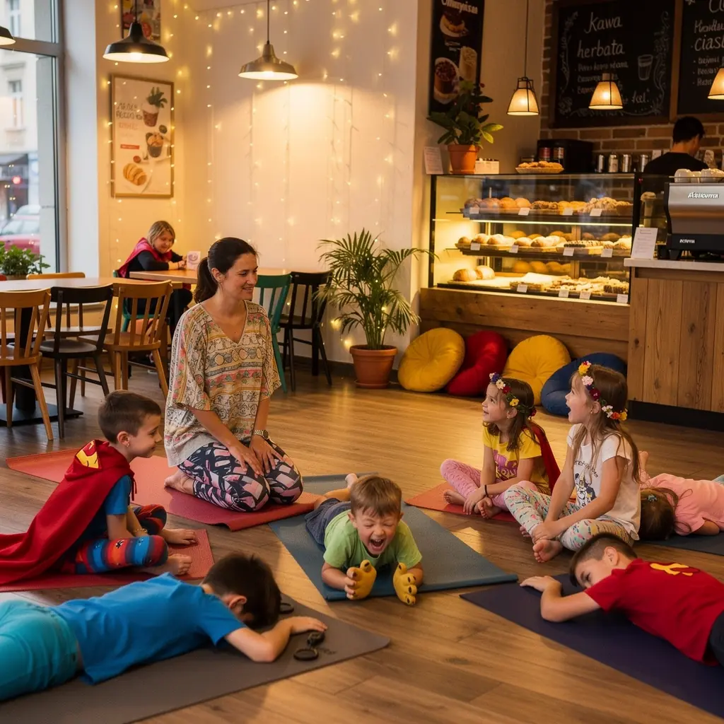 Grupa dzieci bawiących się podczas zajęć jogi, skaczących i śmiejących się na tle przyjaznej sali.