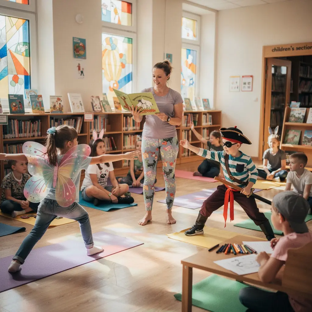 Grupa dzieci bawiących się podczas zajęć jogi, skaczących i śmiejących się na tle przyjaznej sali.